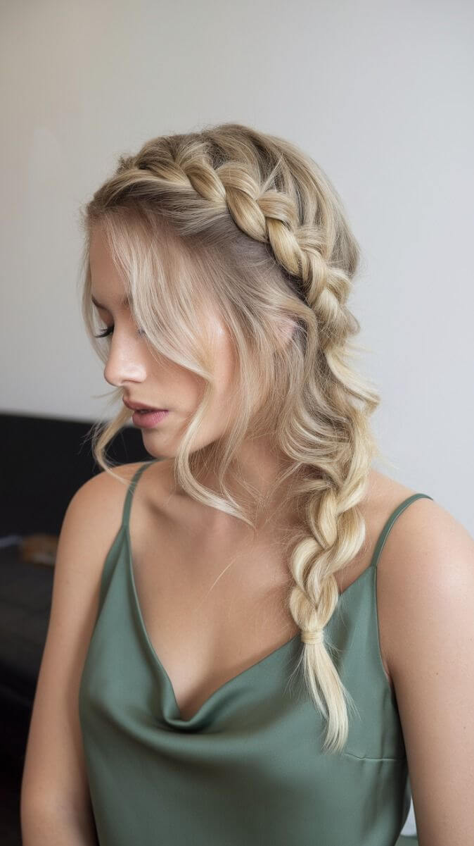Ash Blonde Loose Braid With Side Bangs Ash Blonde Loose Braid With Side Bangs — Trendy Formal Hair
