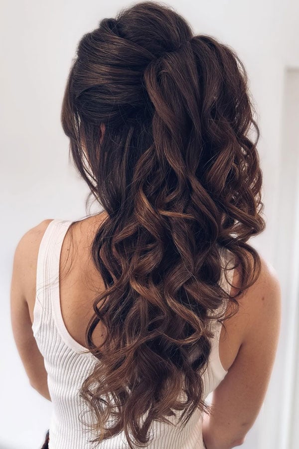 Dark Brown Half-Up Half-Down Ponytail Curls, Mid-Back Dark Brown Half-Up Half-Down Ponytail Curls, Mid-Back — Trendy Formal Hair