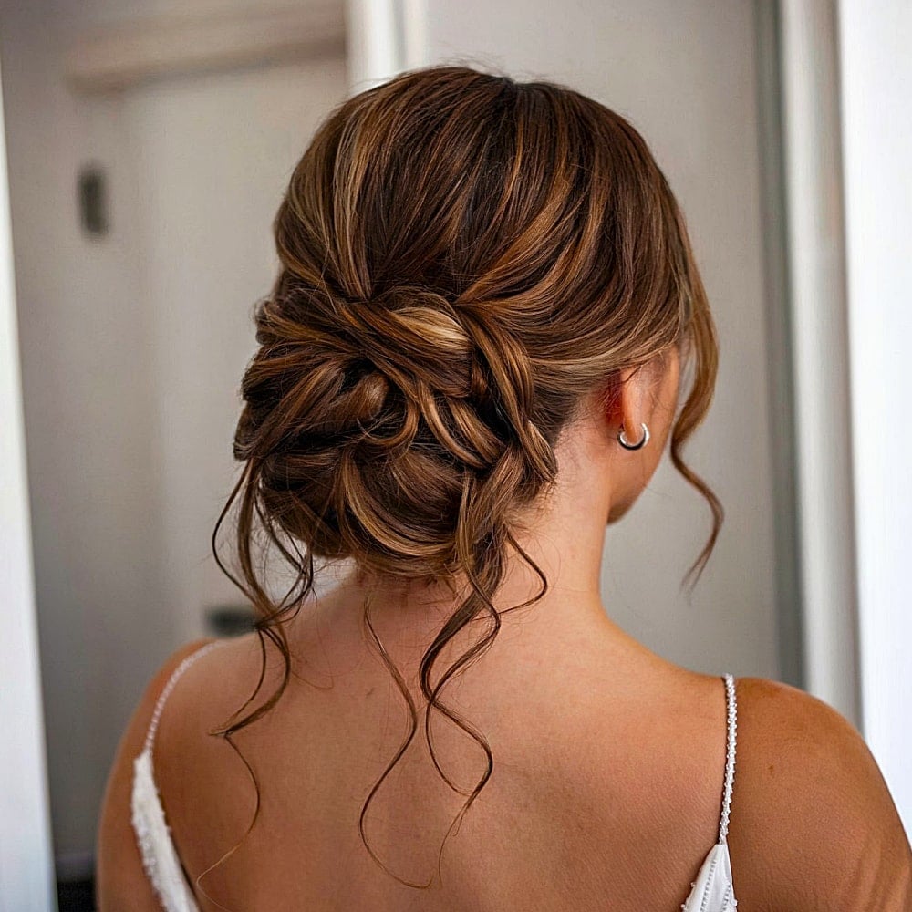 Brunette Messy Updo With Loose Curls Brunette Messy Updo With Loose Curls — Trendy Formal Updos