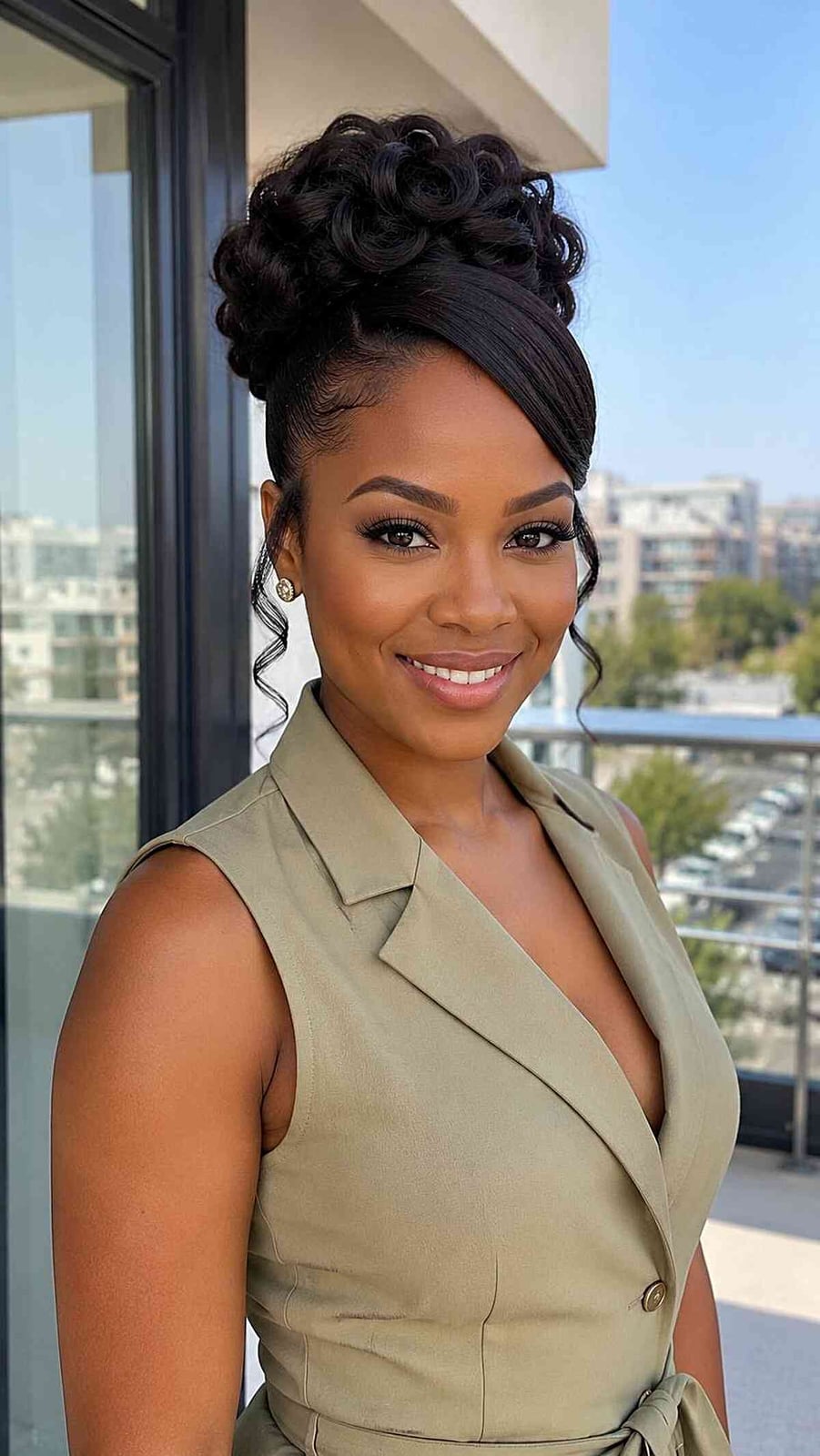 High Bun With Side-Swept Bangs Dark Brown High Bun With Side-Swept Bangs Dark Brown — Trendy Formal Updos