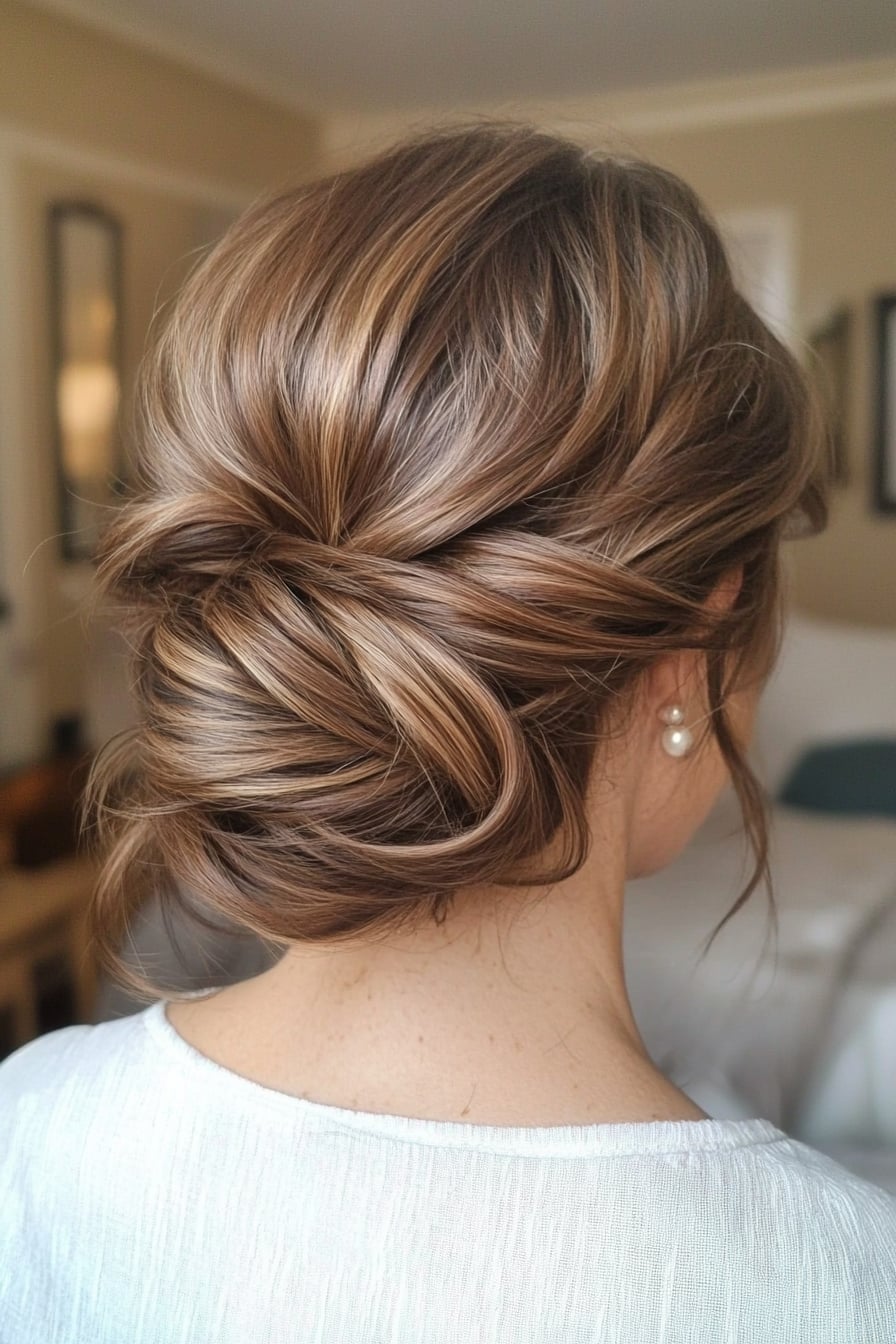 Textured Low Updo With Wavy Brown Highlights Textured Low Updo With Wavy Brown Highlights — Trendy Formal Updos