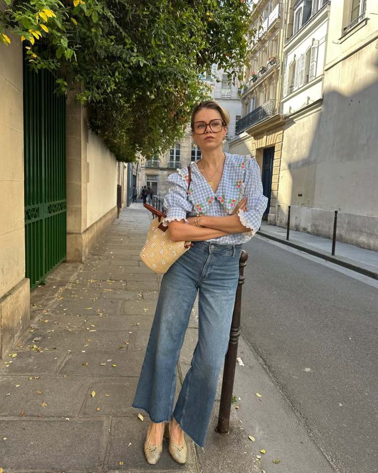 Gingham Blouse and Wide-Leg Jeans for a Chic Day Out — Trendy French Outfits