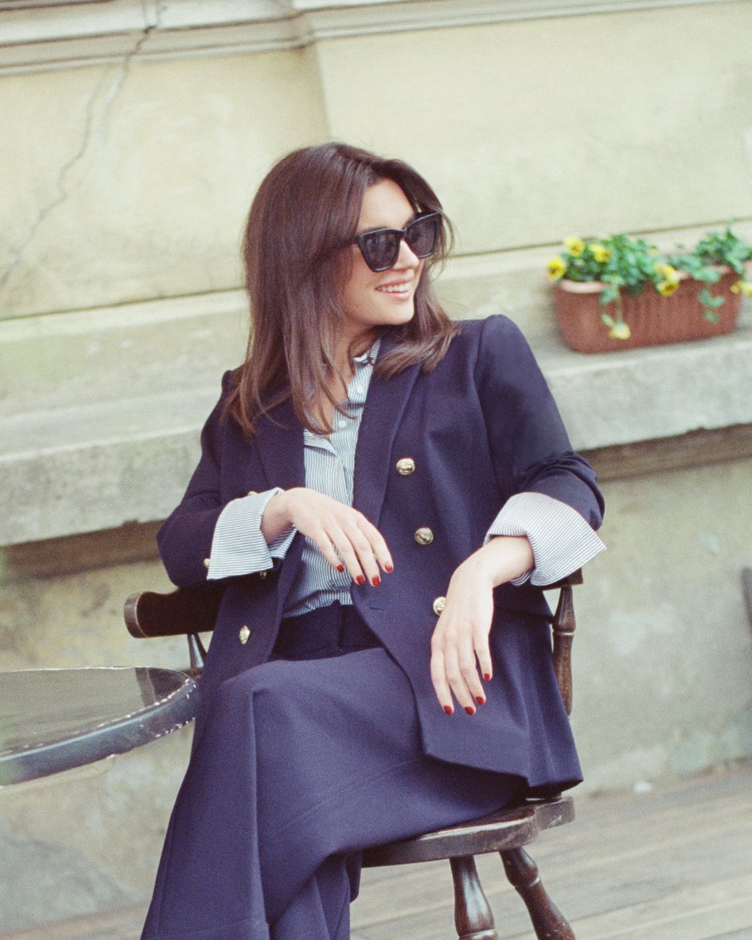 Navy Double-Breasted Blazer with Striped Shirt and Wide-Leg Pants — Trendy French Outfits