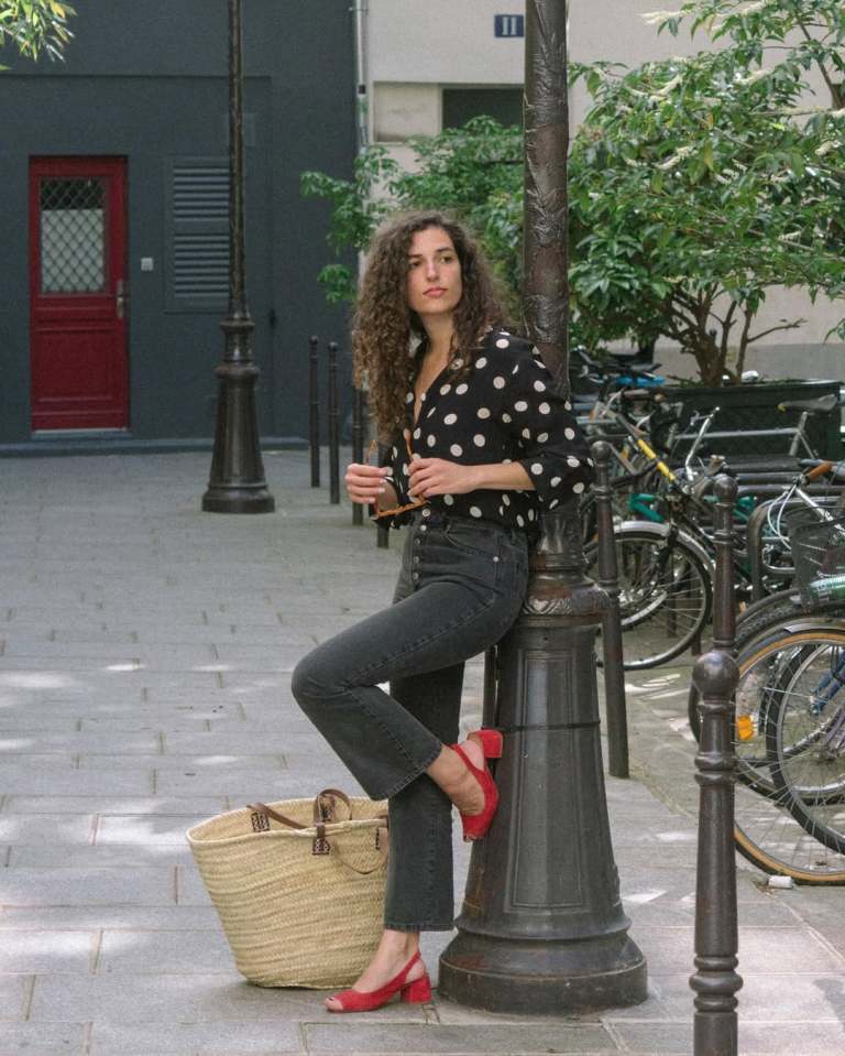 Polka Dot Blouse with Cropped Jeans and Red Slingbacks — Trendy French Outfits