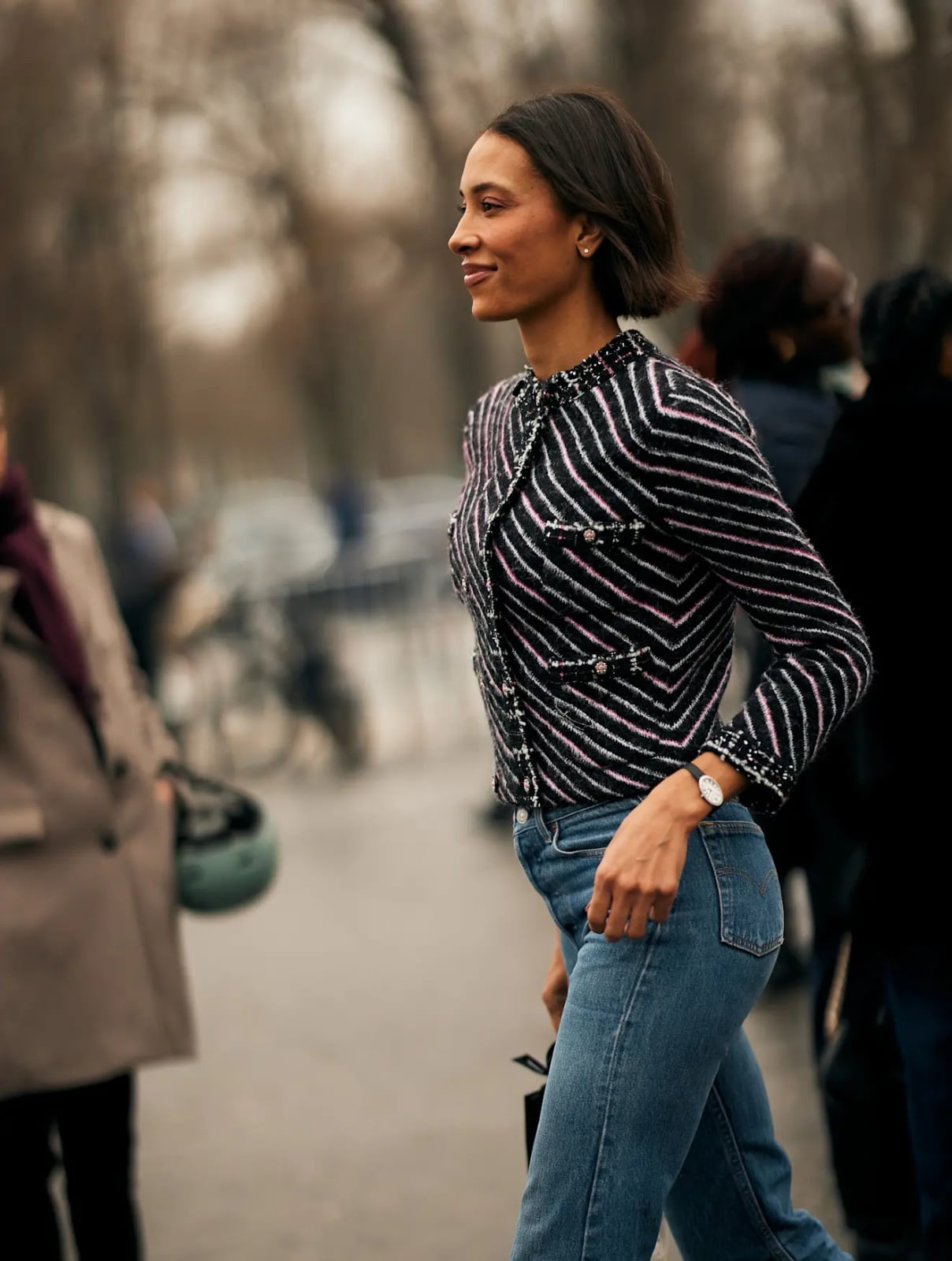 Chevron Striped Tweed Jacket with Straight-Leg Jeans — Trendy French Outfits