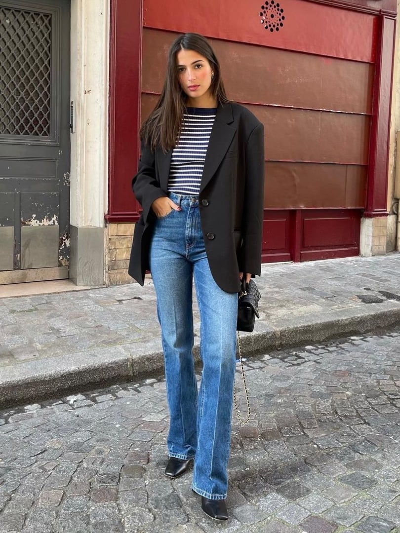 Oversized Blazer Over Striped Tee with High-Waisted Jeans — Trendy French Outfits