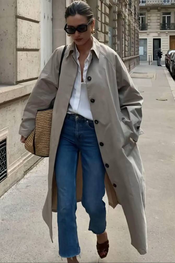 Classic Trench Coat Over Denim and White Shirt — Trendy French Outfits