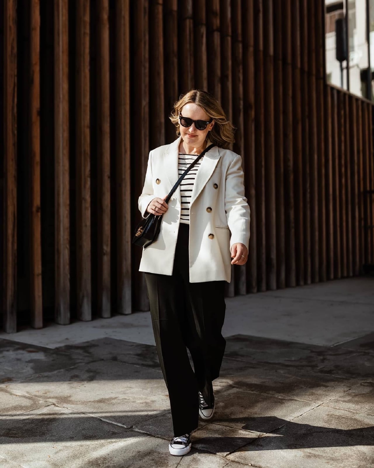 White Double-Breasted Blazer with Striped Tee and Sneakers — Trendy French Outfits