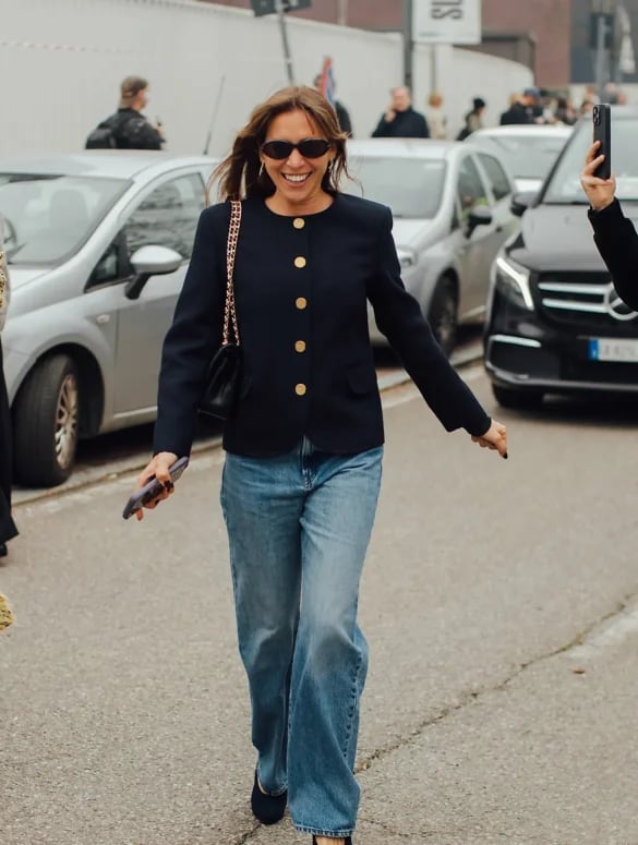 Navy Cropped Blazer with Wide-Leg Jeans and Pointed Flats — Trendy French Outfits