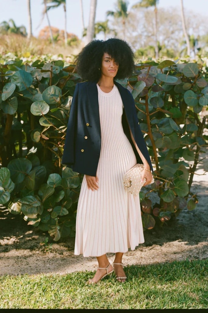 Ribbed Knit Midi Dress with Draped Blazer for Elegant Daywear — Trendy French Outfits