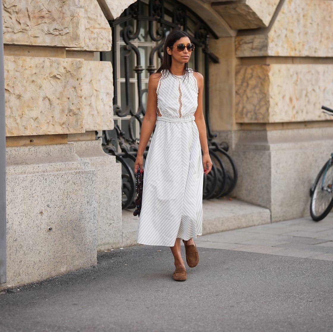 Striped Midi Dress with Lace Trim and Suede Loafers — Trendy French Outfits