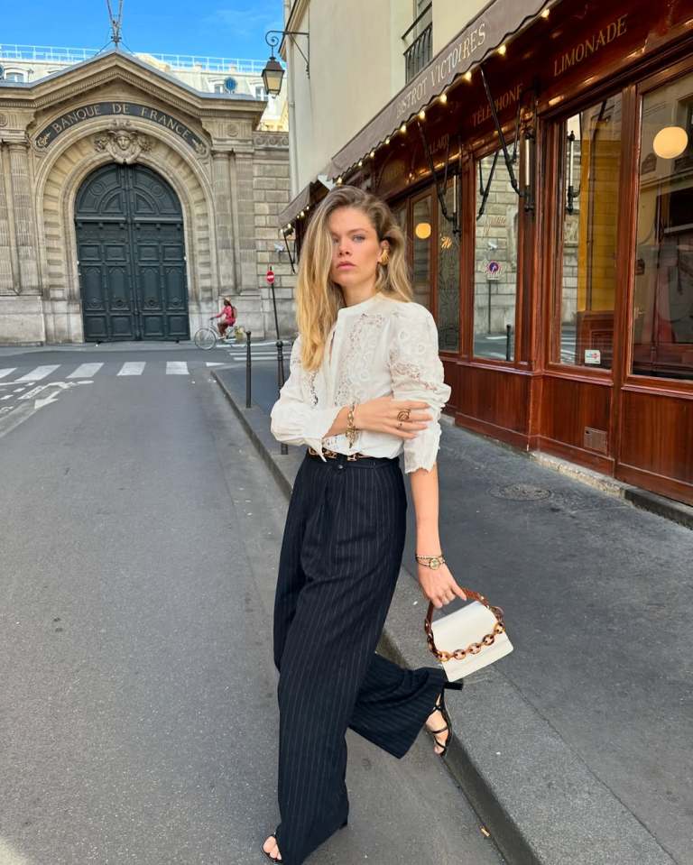 Lace Blouse and Pinstripe Trousers Create Parisian Charm Lace Blouse and Pinstripe Trousers Create Parisian Charm — Trendy French Style