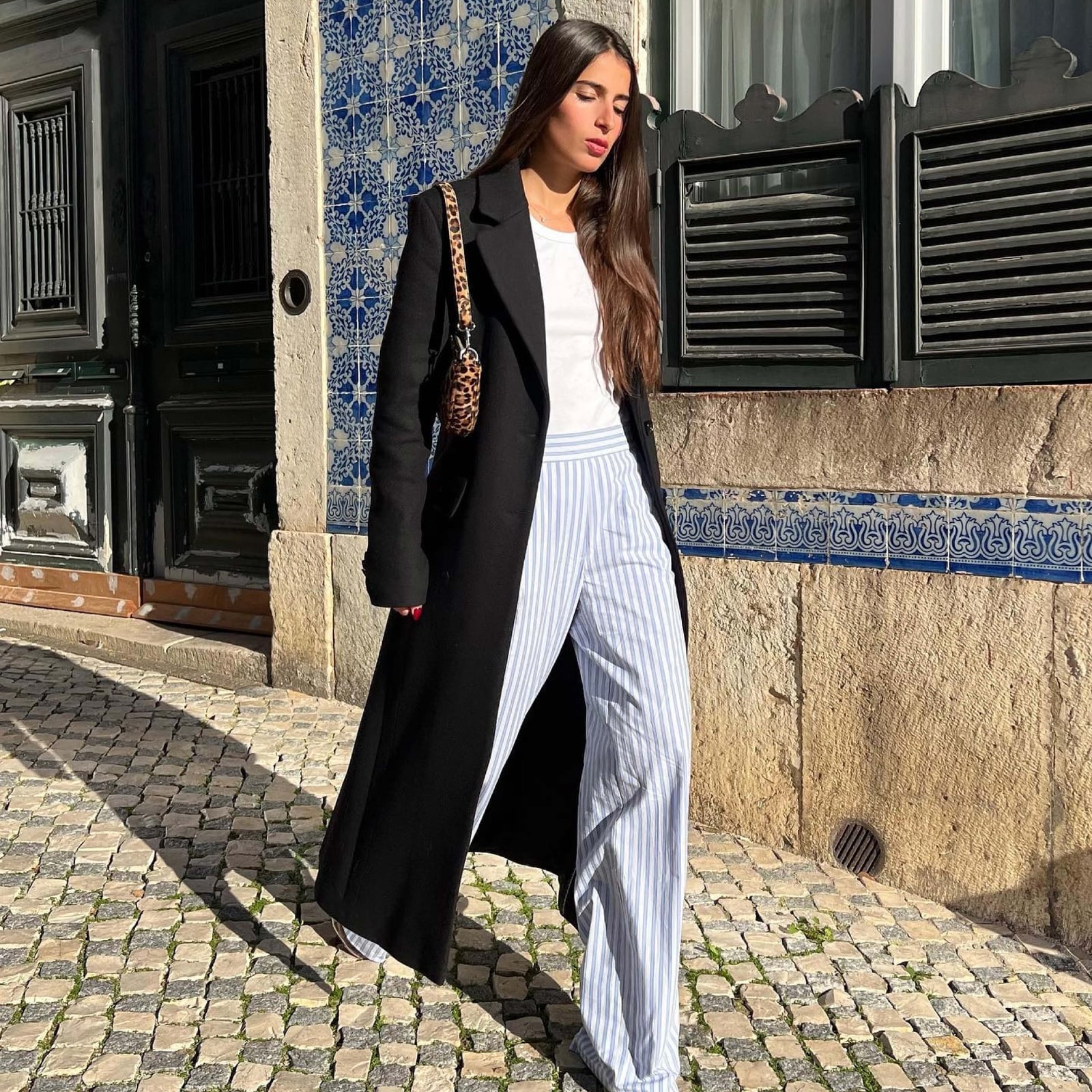 Longline Coat Over Striped Trousers Longline Coat Over Striped Trousers — Trendy French Style