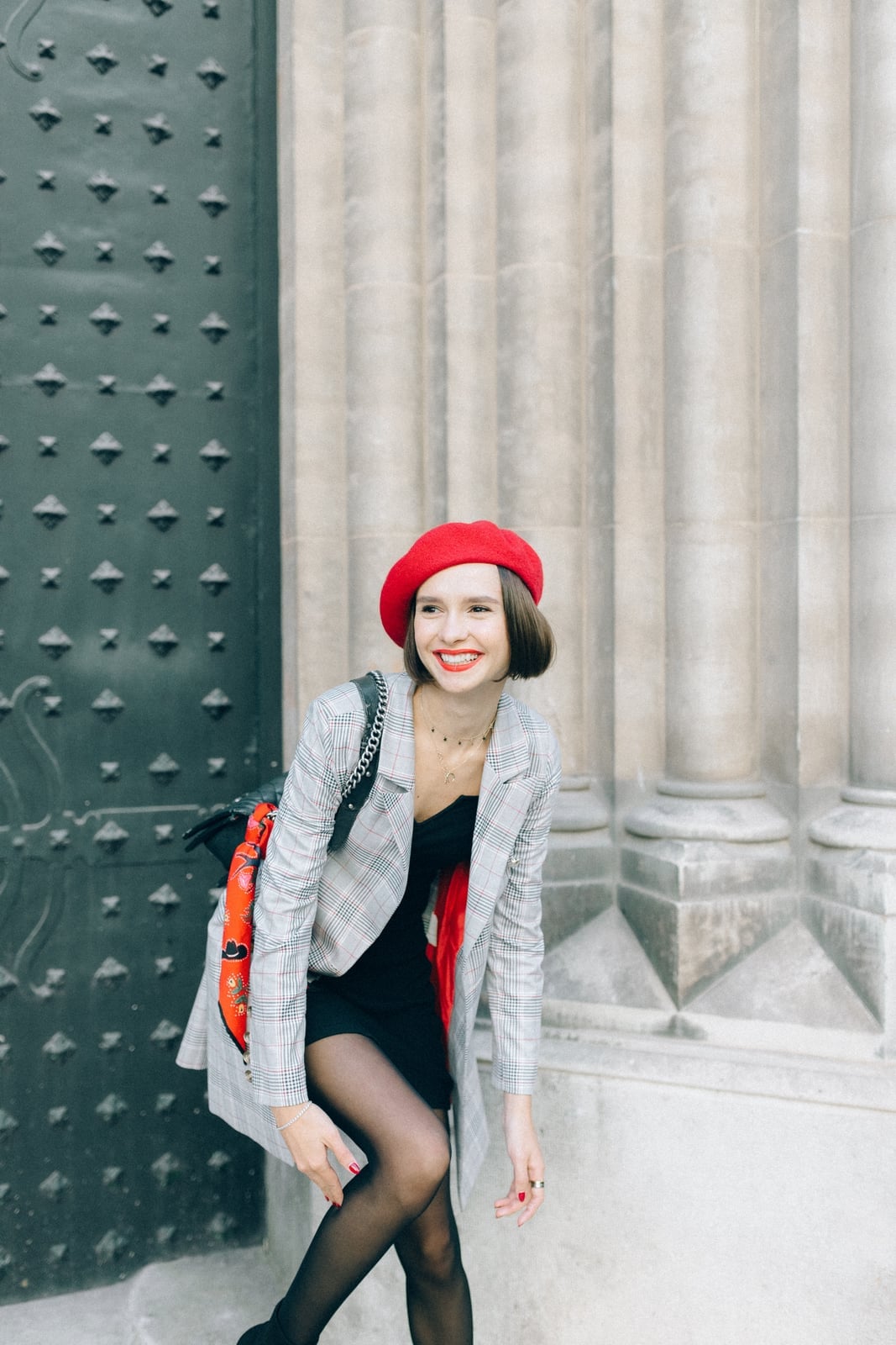 Plaid Blazer and Mini Dress with Red Beret Plaid Blazer and Mini Dress with Red Beret — Trendy French Style