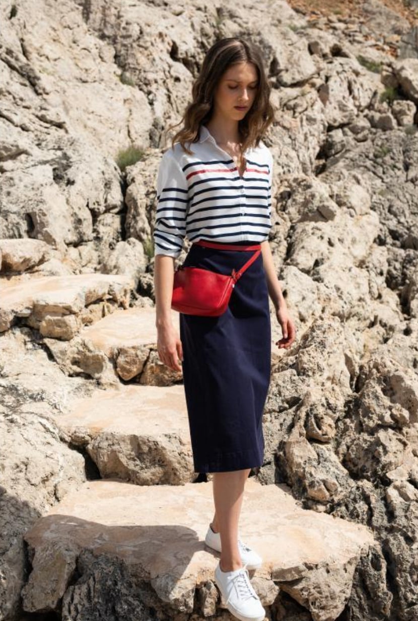 Striped Shirt and Pencil Skirt with Red Belt Bag Striped Shirt and Pencil Skirt with Red Belt Bag — Trendy French Style