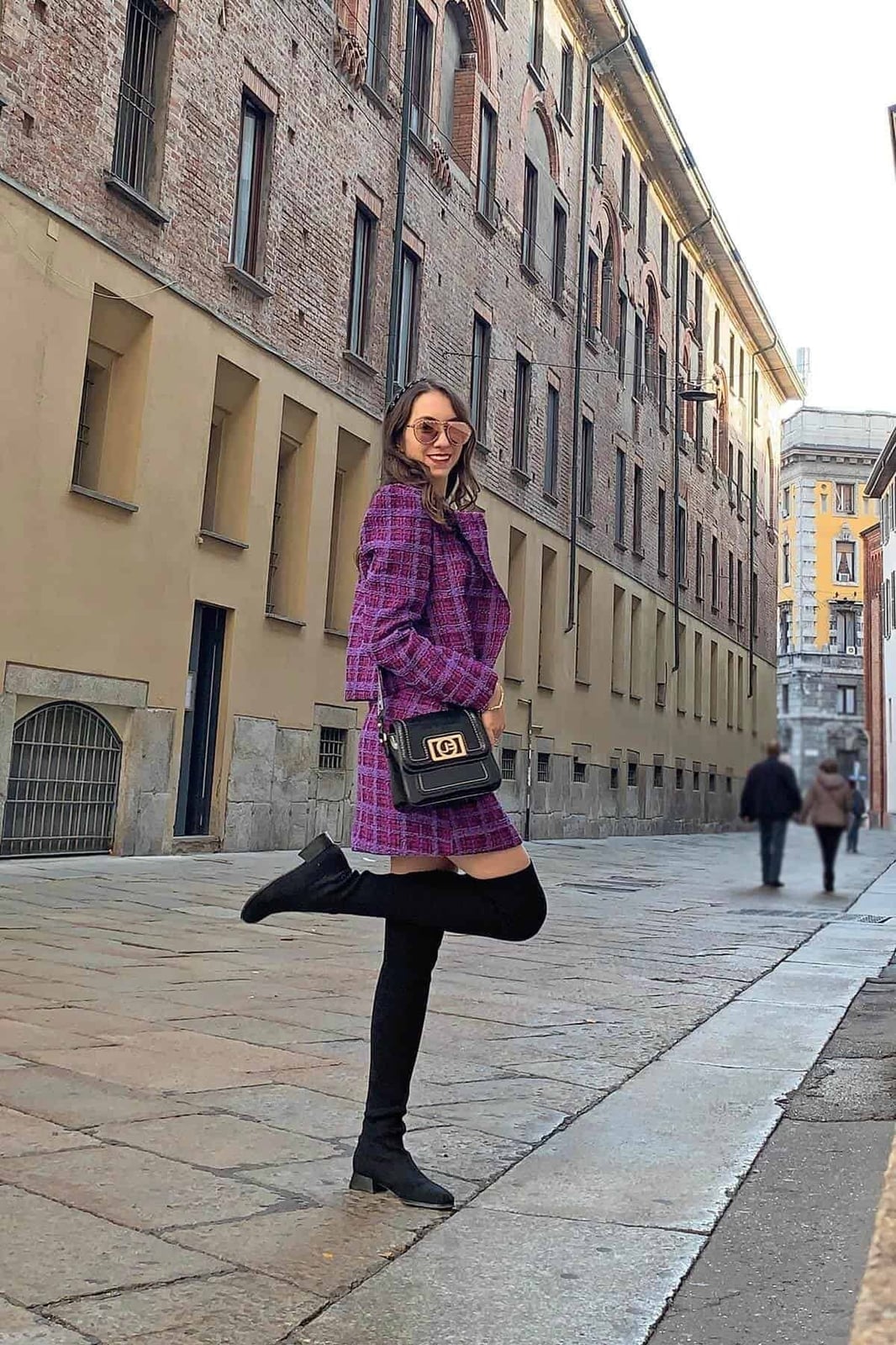 Purple Tweed Set with Knee-High Boots Purple Tweed Set with Knee-High Boots — Trendy French Style