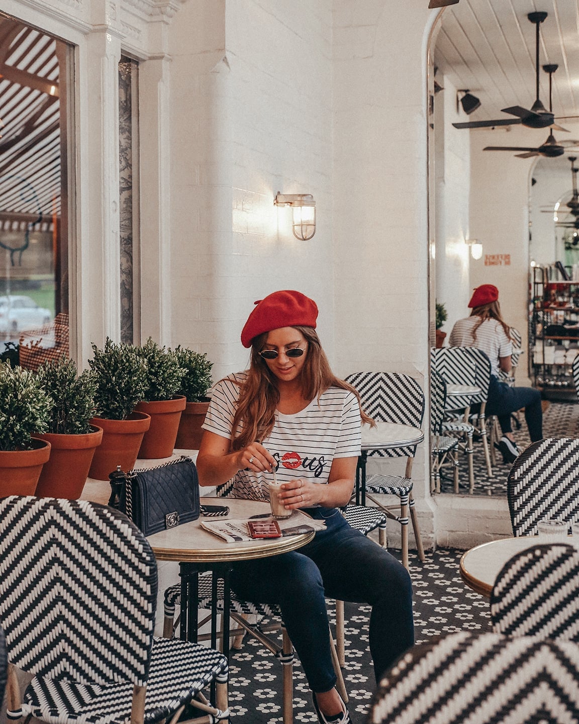 Striped T-Shirt and Jeans with a Red Beret Striped T-Shirt and Jeans with a Red Beret — Trendy French Style
