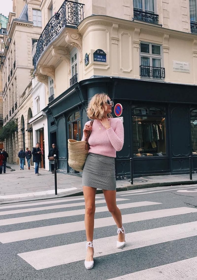 Pink Fuzzy Sweater with Houndstooth Skirt Pink Fuzzy Sweater with Houndstooth Skirt — Trendy French Style