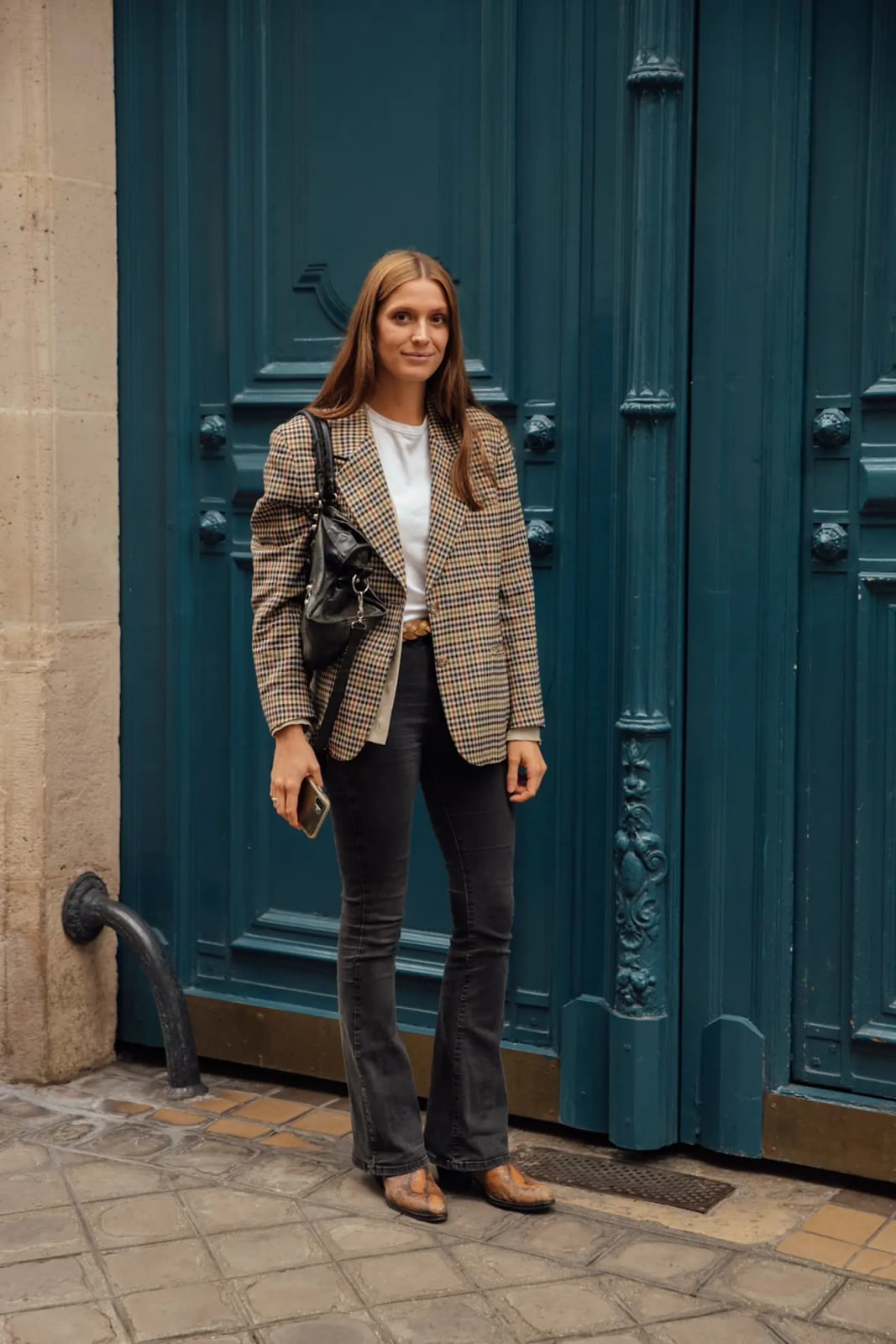 Plaid Blazer Elevates Flared Jeans Plaid Blazer Elevates Flared Jeans — Trendy French Style