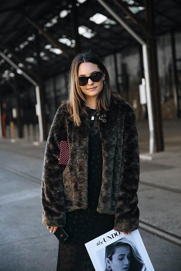 Dark Faux Fur Jacket With Patterned Dress Dark Faux Fur Jacket With Patterned Dress — Trendy Fur Outfits