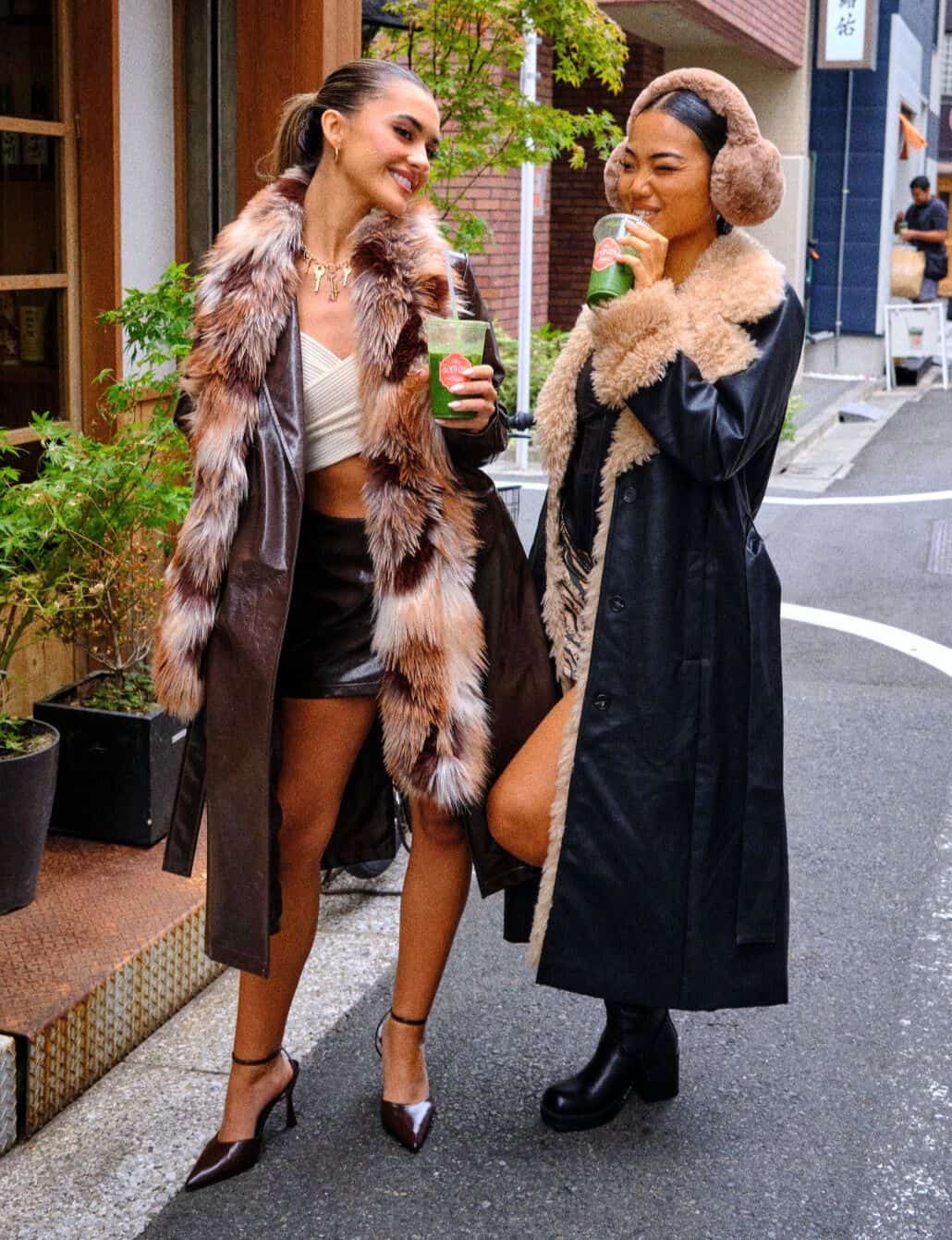 Brown Faux Fur Trim Coat With Leather Shorts Brown Faux Fur Trim Coat With Leather Shorts — Trendy Fur Outfits