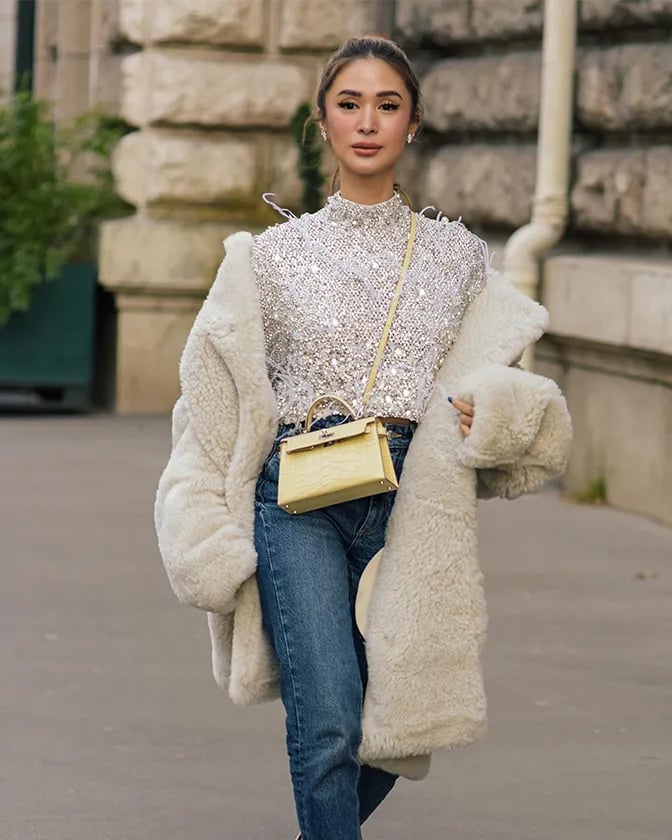 Cream Shearling Coat With Sequins And Denim Cream Shearling Coat With Sequins And Denim — Trendy Fur Outfits