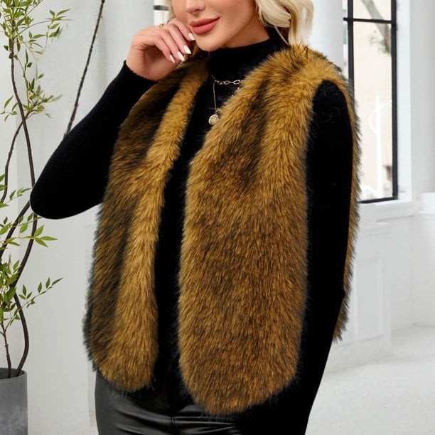 Brown Faux Fur Vest Over Black Turtleneck Brown Faux Fur Vest Over Black Turtleneck — Trendy Fur Outfits