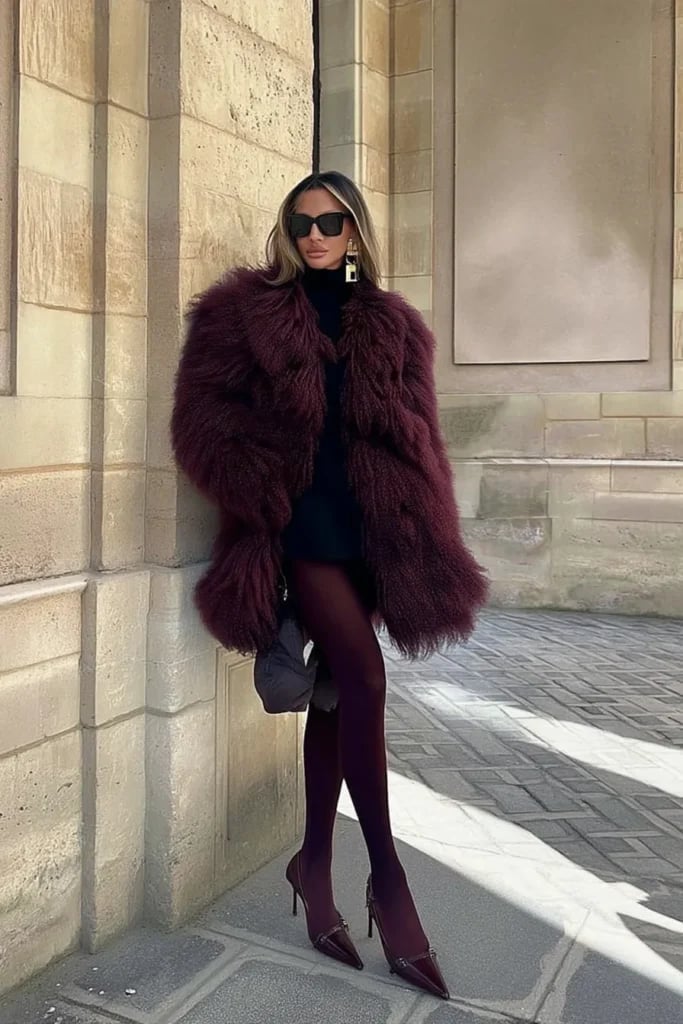 Burgundy Shaggy Coat With Black Turtleneck Burgundy Shaggy Coat With Black Turtleneck — Trendy Fur Outfits
