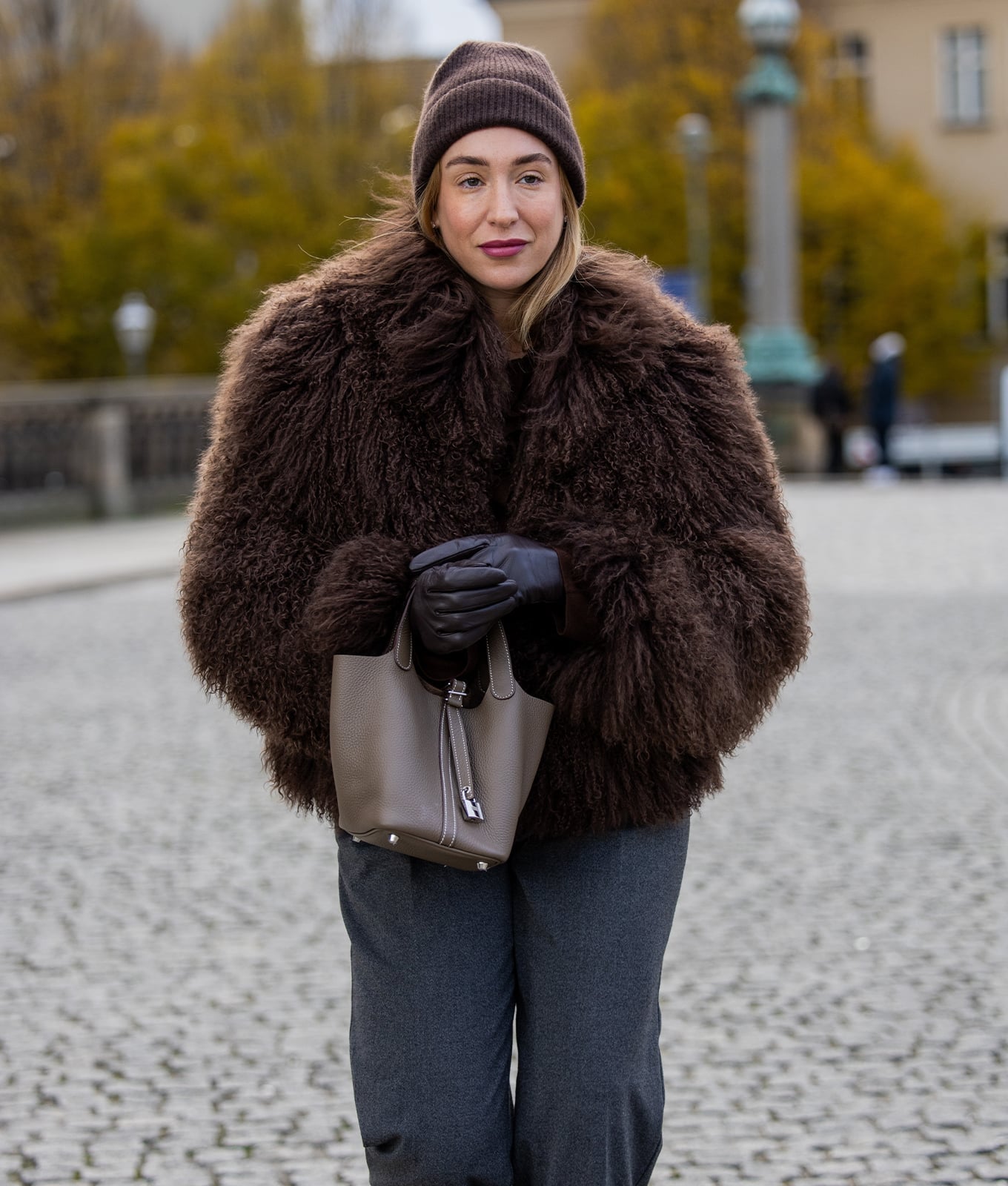 Shaggy Brown Jacket With Wide Leg Pants Shaggy Brown Jacket With Wide Leg Pants — Trendy Fur Outfits