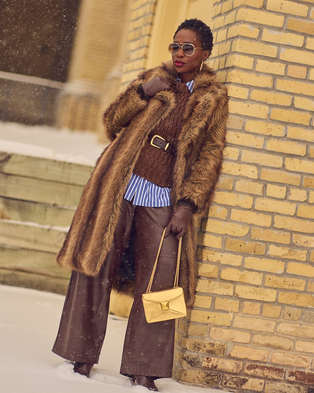 Brown Faux Fur Coat With Leather Trousers, Long Brown Faux Fur Coat With Leather Trousers, Long — Trendy Fur Outfits