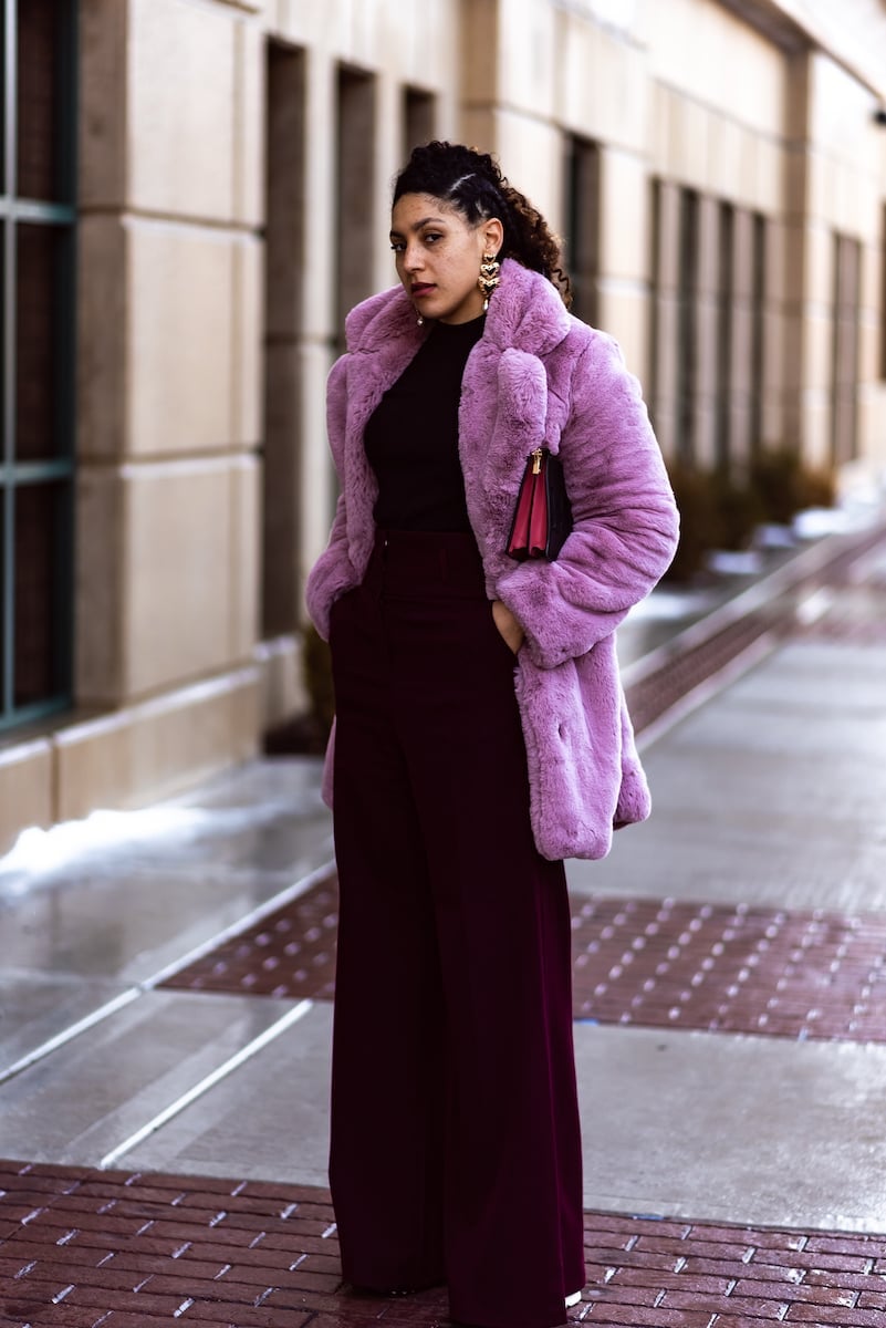 Lilac Faux Fur Coat With Burgundy Pants Lilac Faux Fur Coat With Burgundy Pants — Trendy Fur Outfits