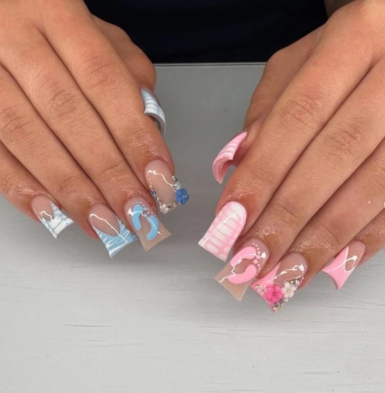 Long Square Nails With Baby Footprints, квадрат Long Square Nails With Baby Footprints, квадрат — Trendy Gender Reveal Nails