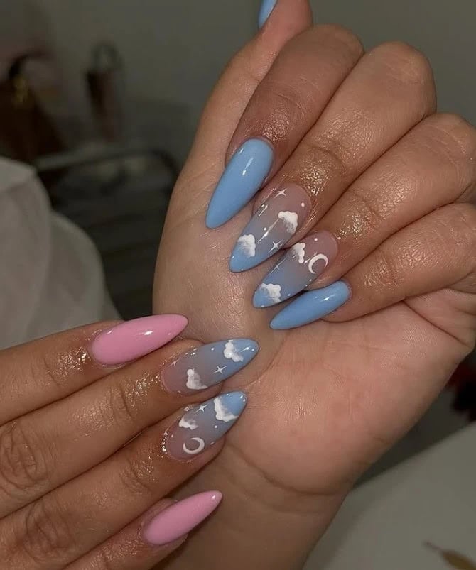 Long Almond Celestial Cloud And Moon Nails Long Almond Celestial Cloud And Moon Nails — Trendy Gender Reveal Nails