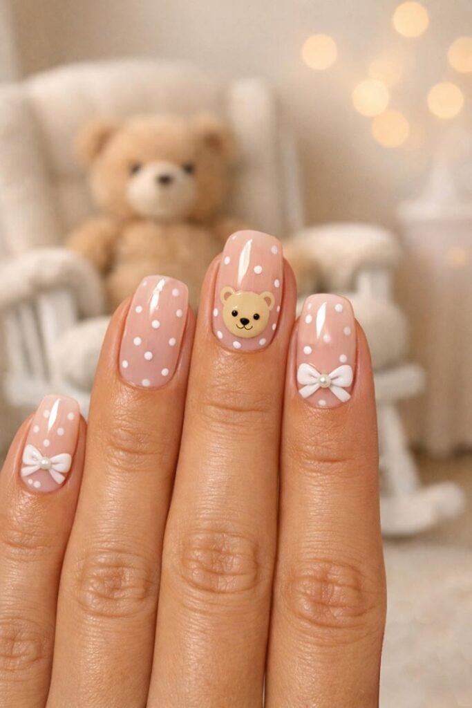 Medium Almond Nails With Polka Dots And Bear Medium Almond Nails With Polka Dots And Bear — Trendy Gender Reveal Nails