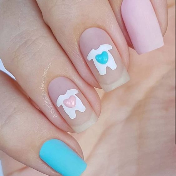 Short Almond Matte Pink And Blue With Onesie Art Short Almond Matte Pink And Blue With Onesie Art — Trendy Gender Reveal Nails