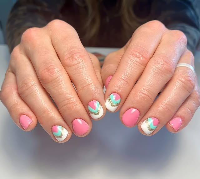 Short Almond Pink With Glitter Geometric Accents Short Almond Pink With Glitter Geometric Accents — Trendy Gender Reveal Nails