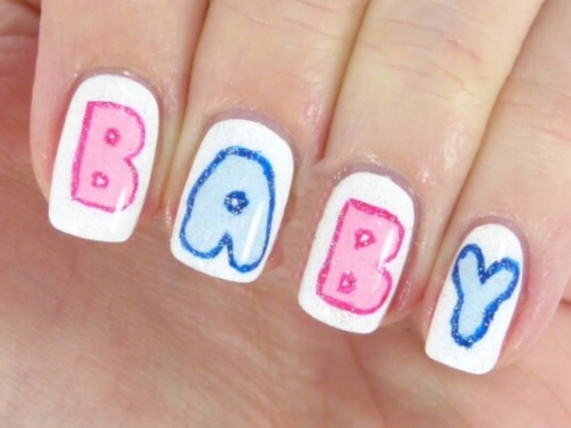 Short Square Glitter Nails Spelling Baby Short Square Glitter Nails Spelling Baby — Trendy Gender Reveal Nails