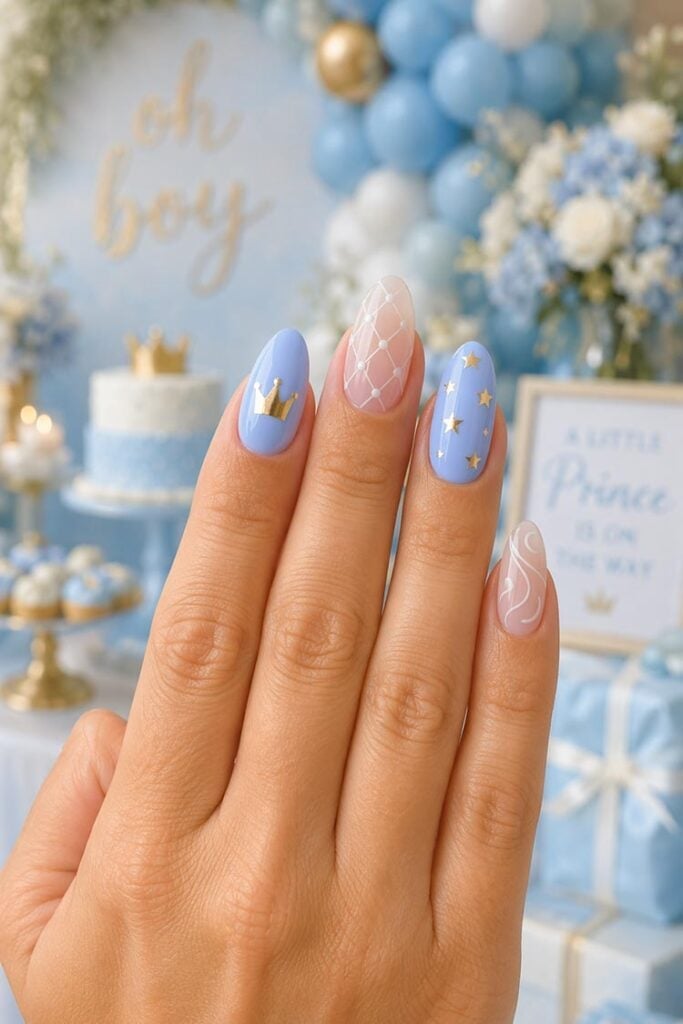 Light Blue Oval Nails With Gold Stars Light Blue Oval Nails With Gold Stars — Trendy Gender Reveal Nails