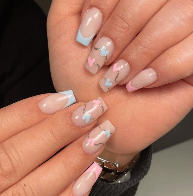 Short Square Nails With Pink Blue Hearts Short Square Nails With Pink Blue Hearts — Trendy Gender Reveal Nails