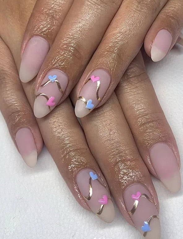 Medium Almond Nails With Swirl Accents Medium Almond Nails With Swirl Accents — Trendy Gender Reveal Nails
