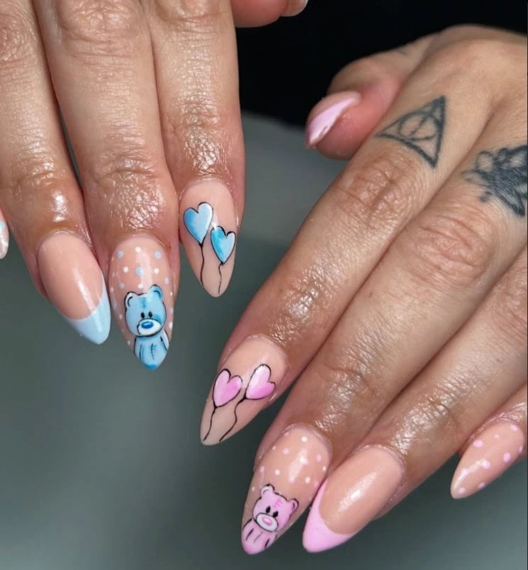 Almond Nails With Teddy Bears And Hearts Almond Nails With Teddy Bears And Hearts — Trendy Gender Reveal Nails