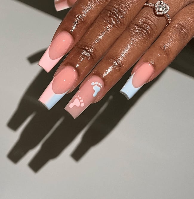 Long Square French Tips With Baby Footprints Long Square French Tips With Baby Footprints — Trendy Gender Reveal Nails