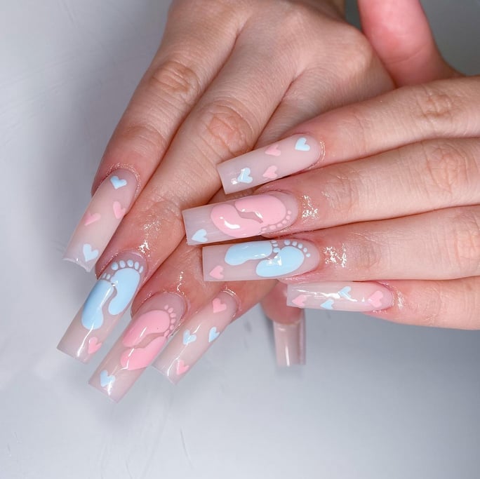 Long Coffin Nails With Baby Footprints Long Coffin Nails With Baby Footprints — Trendy Gender Reveal Nails