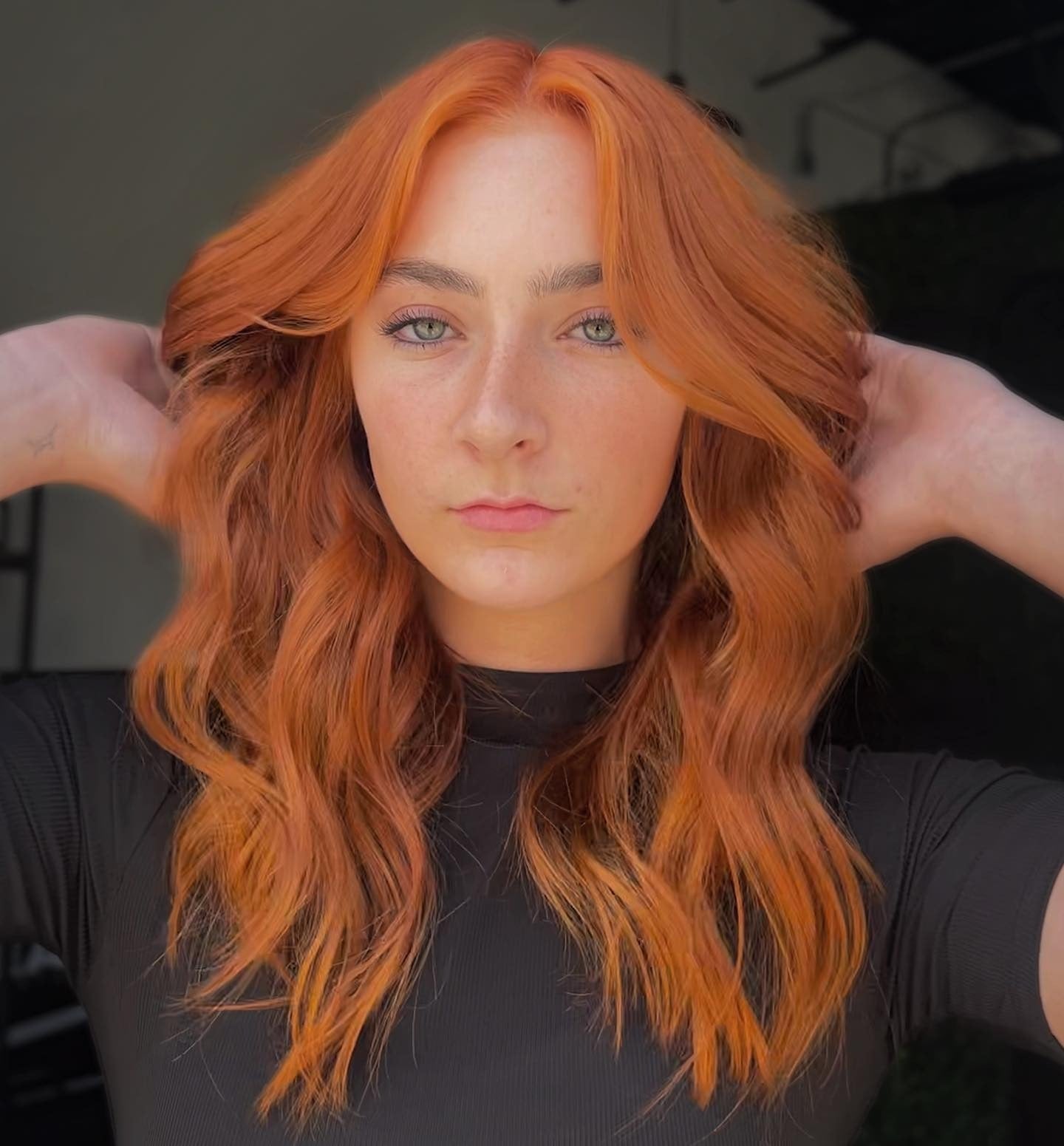 Collarbone Length Vibrant Ginger With Curtain Bangs Collarbone Length Vibrant Ginger With Curtain Bangs — Trendy Ginger Hair Color