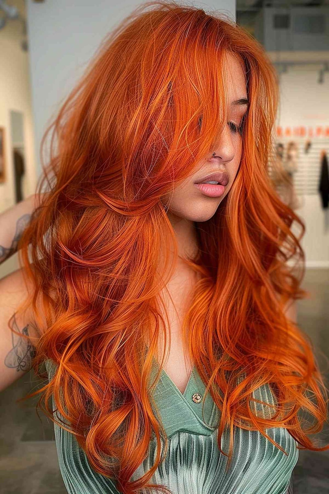 Mid-Back Fiery Orange Ginger With Curtain Bangs Mid-Back Fiery Orange Ginger With Curtain Bangs — Trendy Ginger Hair Color
