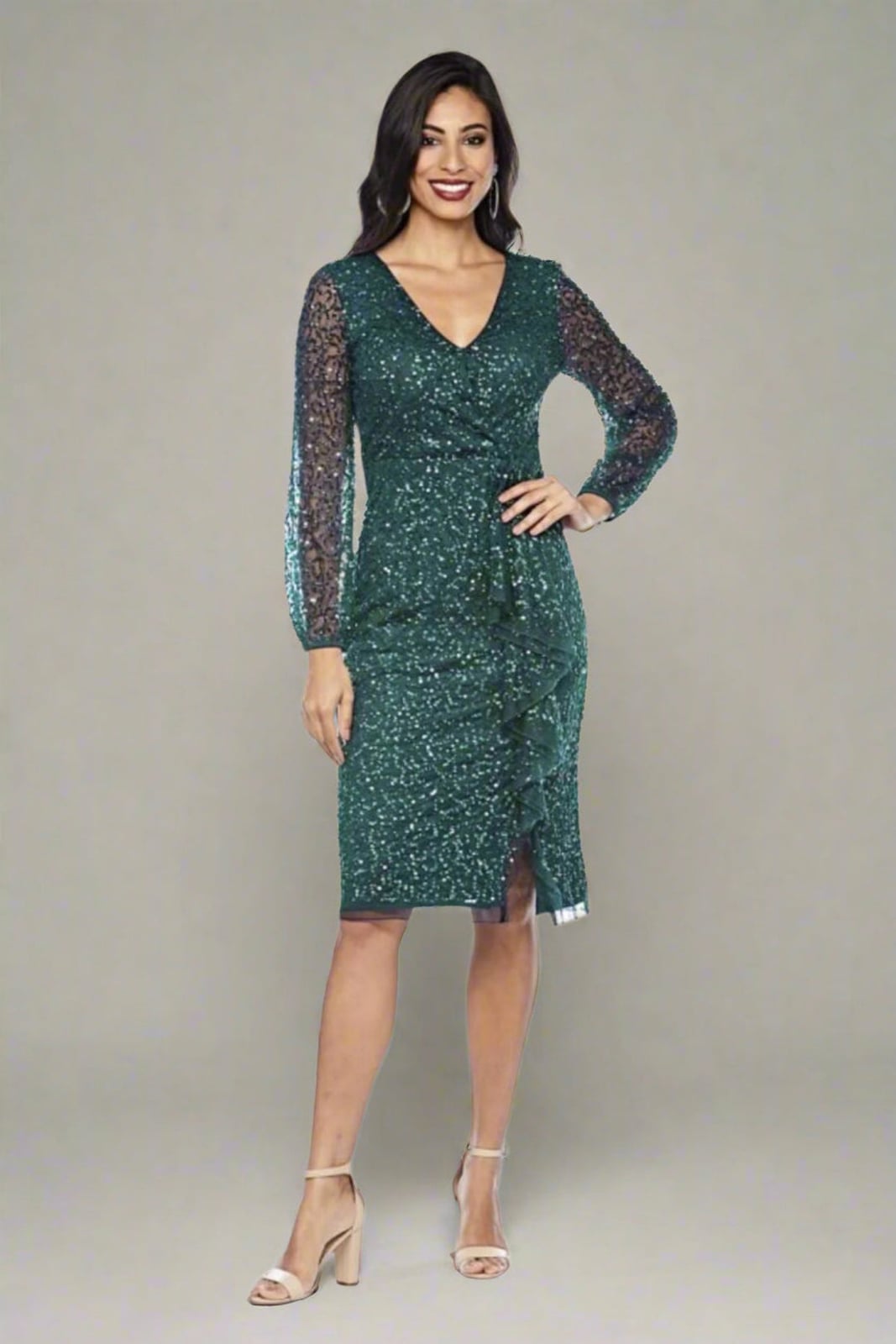 Emerald Green Sequin Midi Dress With Ruffled Detail — Trendy Glitter Dresses