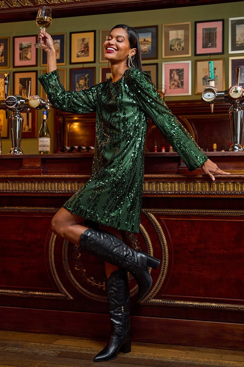 Emerald Green Sequin Shift Dress With Knee-High Boots — Trendy Glitter Dresses