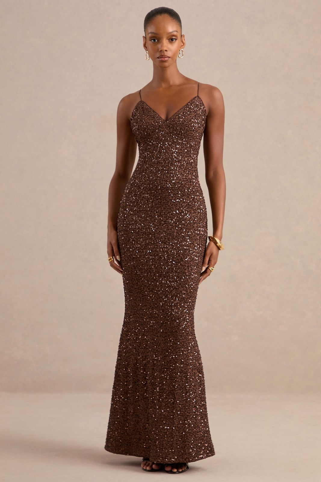 Brown Sequin Mermaid Gown With Spaghetti Straps — Trendy Glitter Dresses