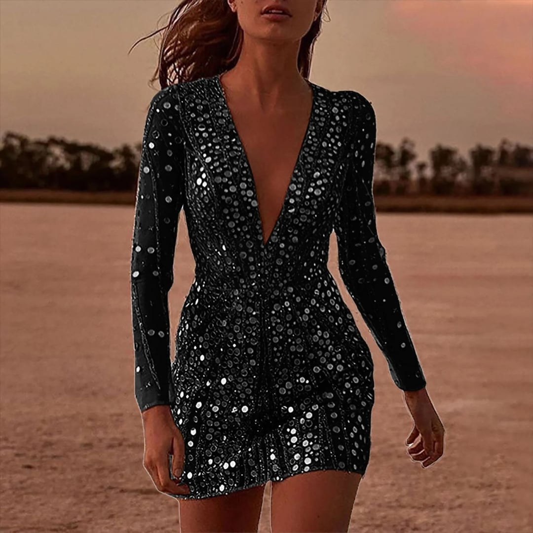 Black Sequin Mini Dress With Deep V-Neck, Close-Up Take — Trendy Glitter Dresses