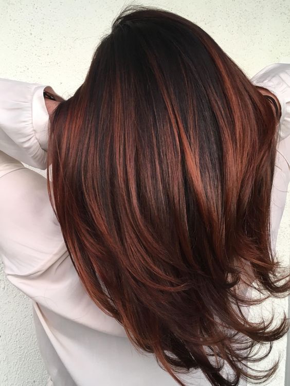 Mid-Back Dark Brown With Auburn Highlights Blowout, Wavy Mid-Back Dark Brown With Auburn Highlights Blowout, Wavy — Trendy Going Out Hairstyles